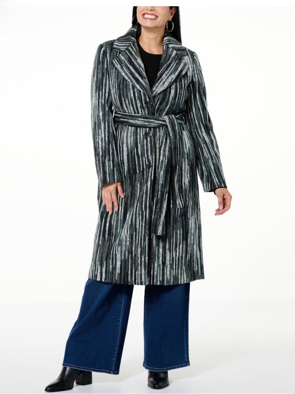 Belted Long Stripe-Pattern Coat - Green/Gray